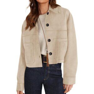 Women's Faux Suede Cropped Jacket Casual Lightweight Spring Outerwear Beige